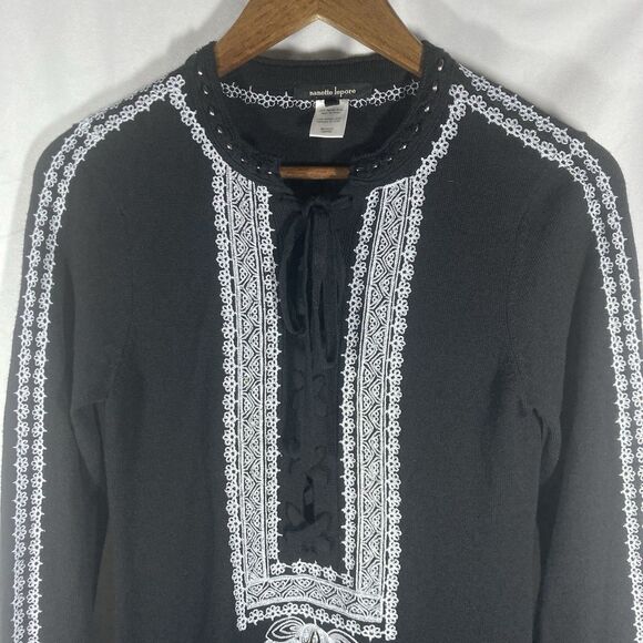 NANETTE LEPORE black white floral embroidery merino wool long sleeve dress XS - Picture 2 of 15
